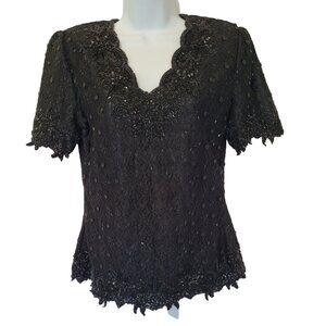 Elegant Classic Creations Black Beaded Lace Top With Scalloped Neckline & Hem